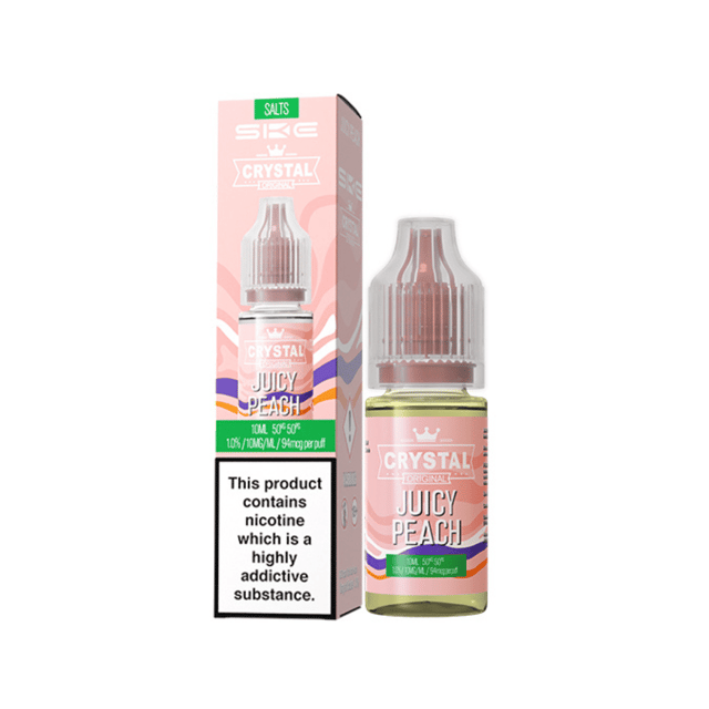 SKE Crystal Juicy Peach 10ml nic salt e-liquid bottle, 10mg and 20mg strengths, 50/50 VG/PG