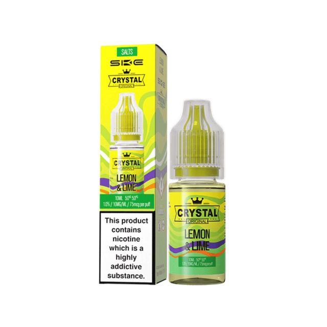 SKE Crystal Lemon & Lime nic salt e-liquid 10ml bottle, available in 10mg and 20mg strengths