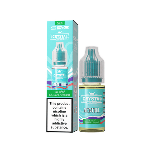 SKE Crystal Menthol nic salt e-liquid 10ml bottle, available in 10mg and 20mg, 50/50 VG/PG for pod kits