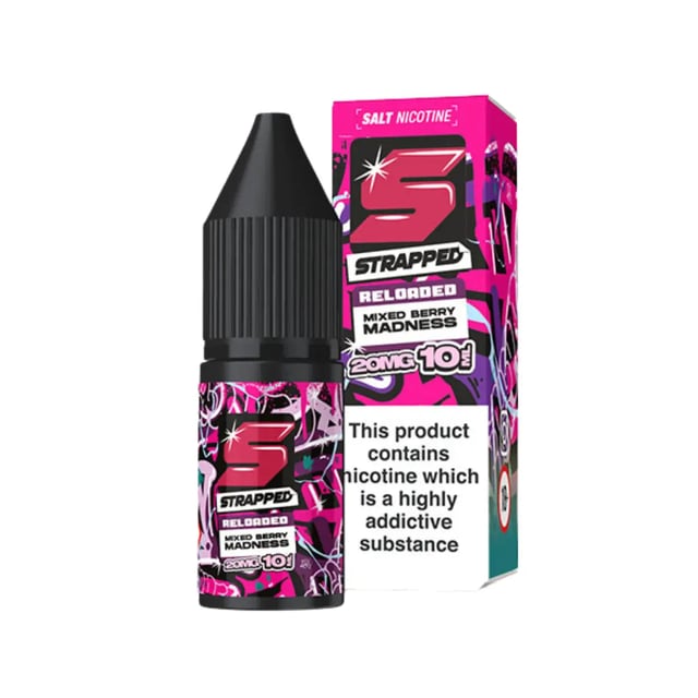 Strapped Reloaded Mixed Berry Madness 10ml nic salt e-liquid bottle, 10mg and 20mg strengths, 50/50 VG/PG