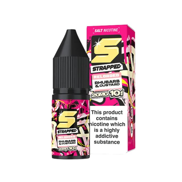 Strapped Reloaded Rhubarb & Custard nic salt e-liquid, 10ml bottle, available in 10mg and 20mg strengths