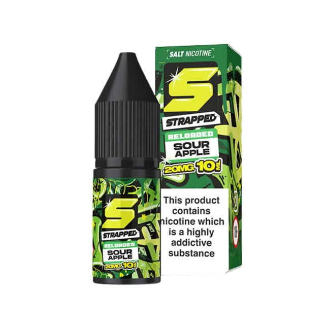 Strapped Reloaded Sour Apple nic salt e-liquid, 10ml bottle, 10mg and 20mg strengths, for pod vape kits
