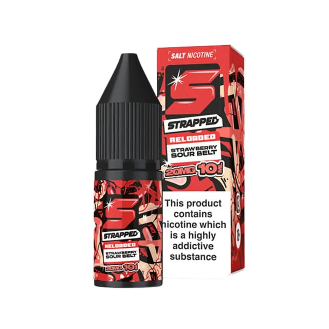 Strapped Reloaded Strawberry Sour Belt 10ml nic salt e-liquid bottle, 10mg and 20mg strengths