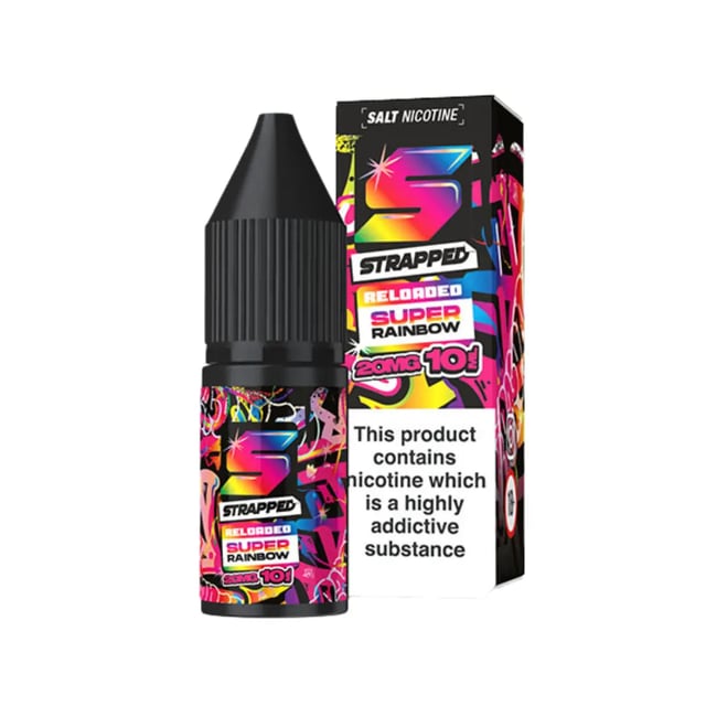 Strapped Reloaded Super Rainbow nic salt e-liquid, 10ml bottle, 50/50 VG/PG, 10mg and 20mg strengths