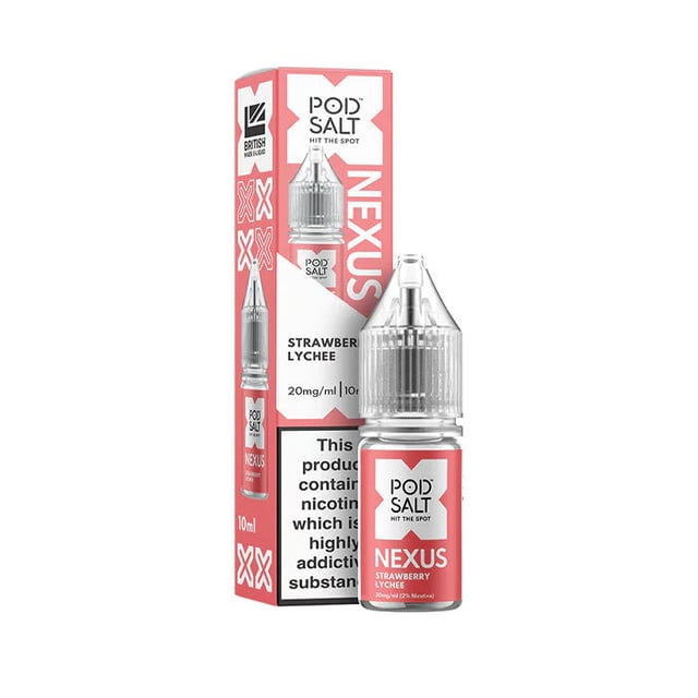 Pod Salt Nexus Strawberry Lychee nic salt 10ml bottle, available in 5mg, 10mg and 20mg strengths