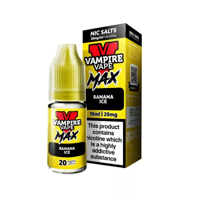 Vampire Vape MAX Banana Ice 10ml nic salt e-liquid bottle, available in 10mg and 20mg strengths