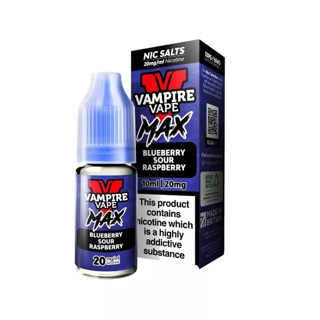 Vampire Vape MAX Blueberry Sour Raspberry nic salt e-liquid, 10ml bottle, 10mg and 20mg strengths