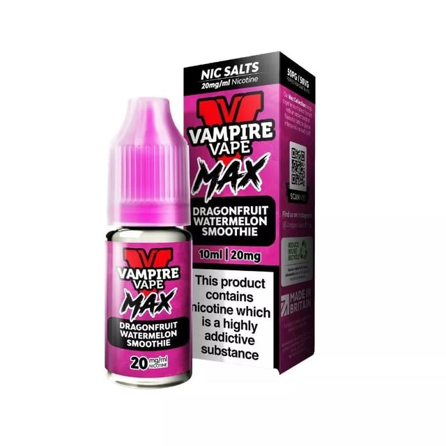Vampire Vape MAX Dragonfruit Watermelon Smoothie 10ml nic salt e-liquid bottle, 10mg and 20mg strengths