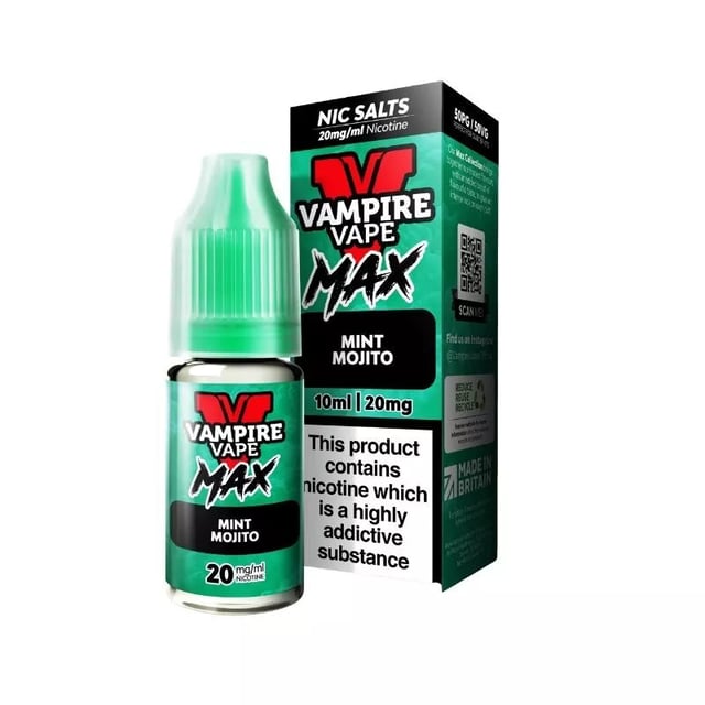 Vampire Vape MAX Mint Mojito 10ml nic salt e-liquid bottle, available in 10mg and 20mg strengths
