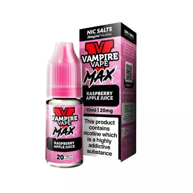Vampire Vape MAX Raspberry Apple Juice nic salt e-liquid, 10ml bottle, 10mg and 20mg strengths