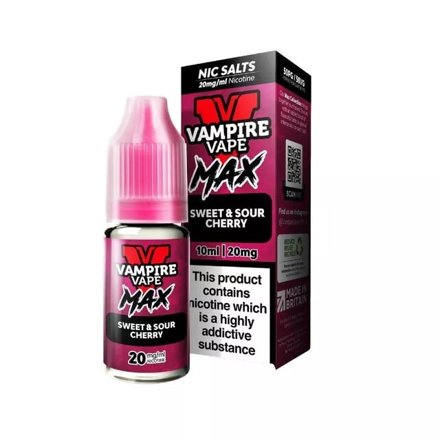 Vampire Vape MAX Sweet & Sour Cherry nic salt e-liquid, 10ml bottle, 50/50 VG/PG, available in 10mg and 20mg