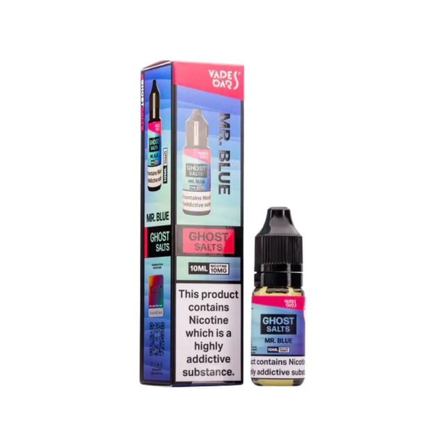 Vapes Bars Ghost Mr Blue nic salt e-liquid, 10ml bottle, 10mg and 20mg strengths, blue raspberry slush flavour
