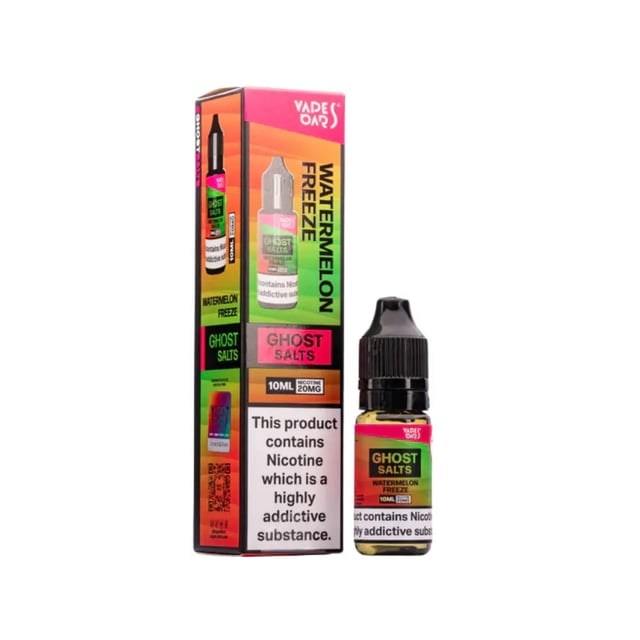 Ghost Watermelon Freeze nic salt e-liquid, 10ml bottle, shown in 10mg and 20mg strengths