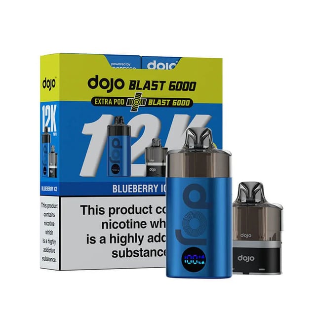 Dojo Blast 12K Vape Kit - 10mg prefilled pod kit shown with device, pods and refill containers