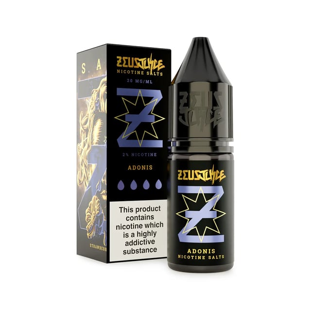 Zeus Juice Adonis 10ml nic salt bottle, raspberry and strawberry flavour, 10mg and 20mg strengths