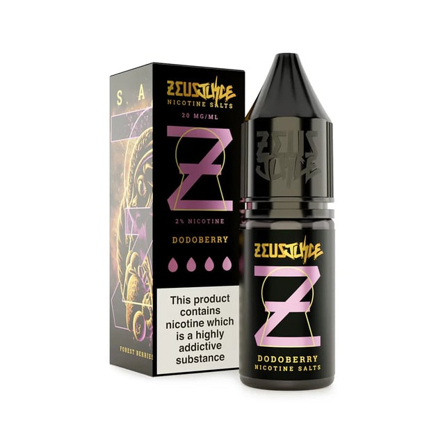 Zeus Juice Dodoberry nic salt 10ml e-liquid bottle, 10mg and 20mg strengths, dark berry grape mint flavour
