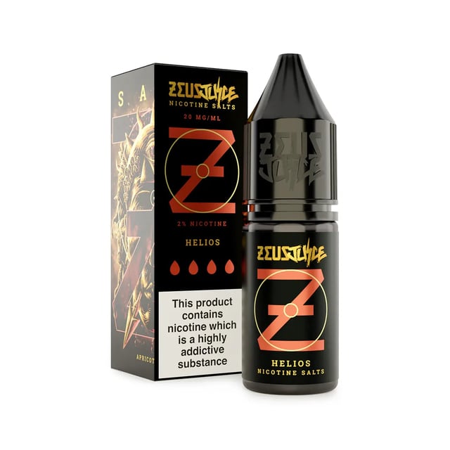 Zeus Juice Helios nic salt 10ml apricot and peach e-liquid bottle, 10mg and 20mg strengths