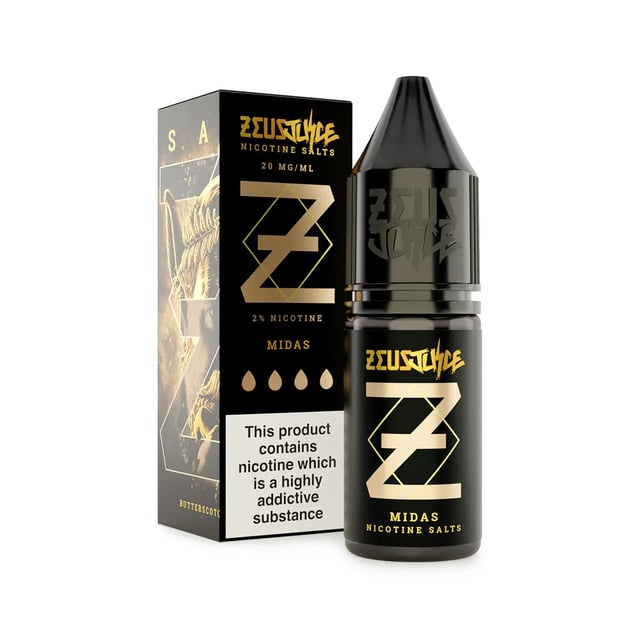Zeus Juice Midas Nic Salt 10ml vanilla custard and butterscotch e-liquid bottle, 10mg and 20mg strengths