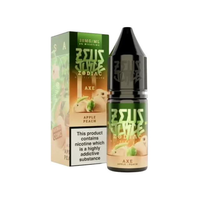 Zeus Juice Zodiac Axe apple and peach nic salt 10ml bottle, available in 10mg and 20mg strengths
