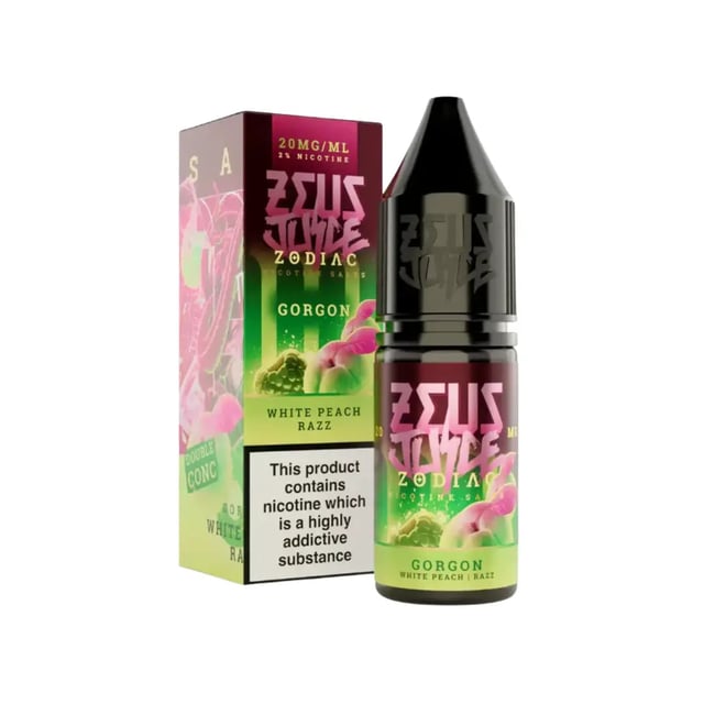 Zeus Juice Zodiac Gorgon white peach and raspberry nic salt, 10ml bottle, 5mg 10mg 20mg strengths
