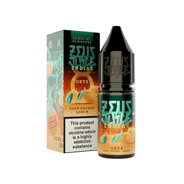 Zeus Juice Zodiac Oxys nic salt bottle, sour orange and lemon flavour, 10ml, 10mg and 20mg strengths